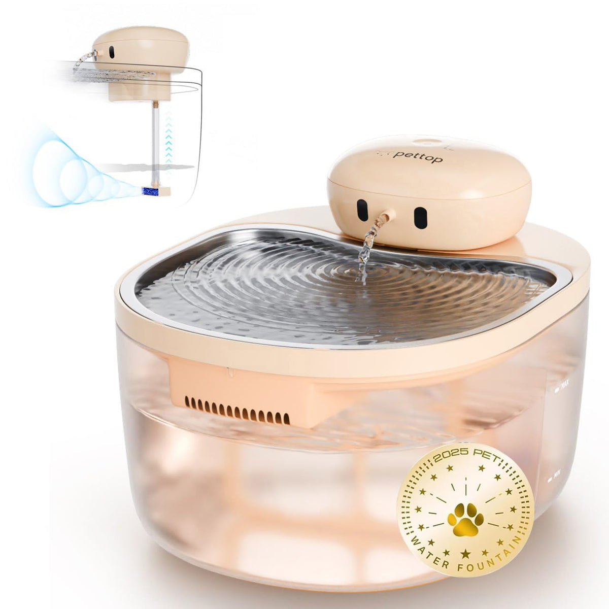 PetTop Pumpless Cat Water Fountain front view highlighting easy-clean stainless tray for healthier hydration