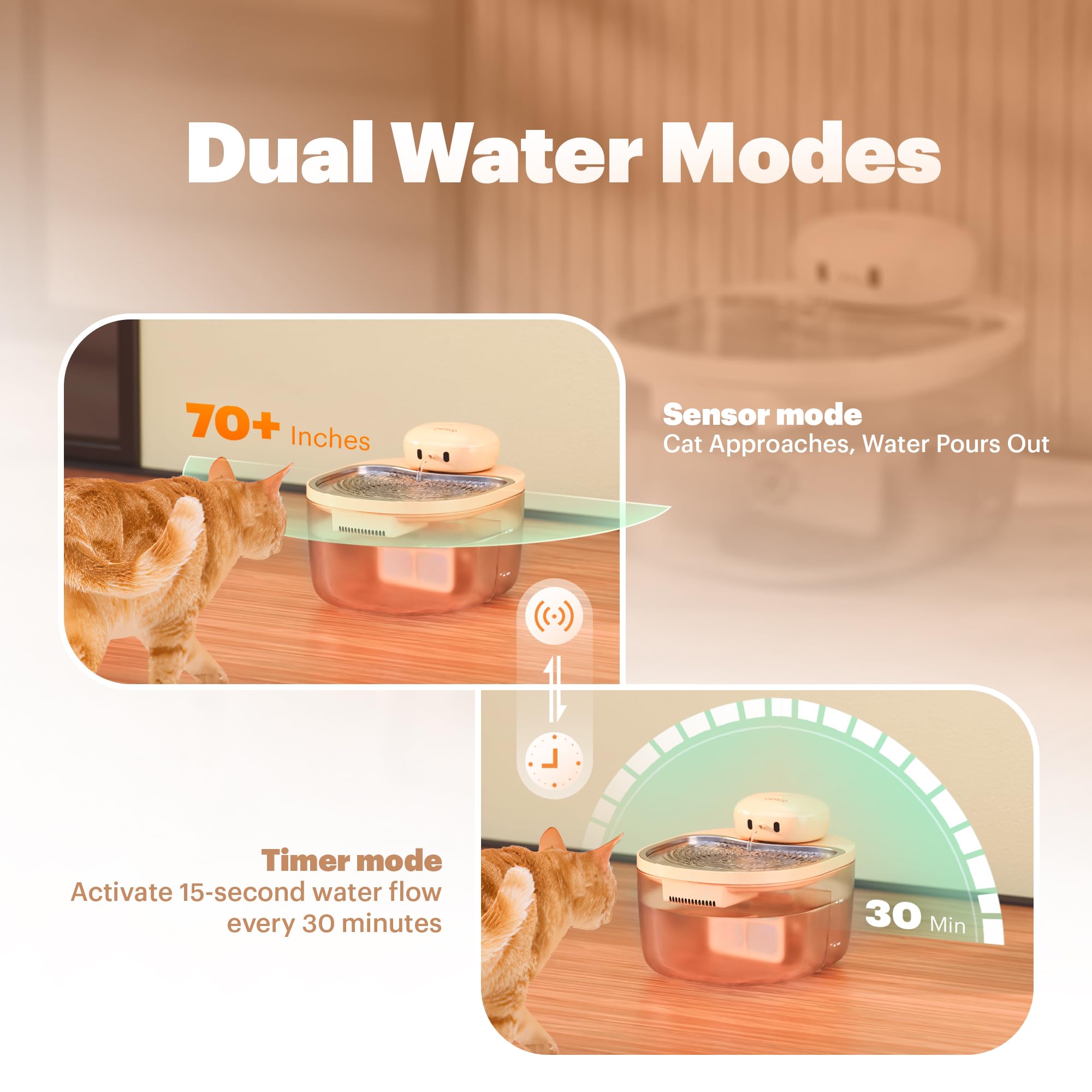 PetTop Pumpless Cat Water Fountain stainless-steel tray highlights durable, pet-safe hydration surface
