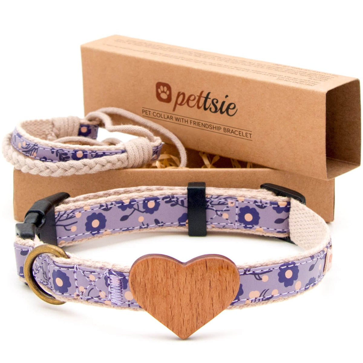 Pettsie dog heart collar with wooden heart detail promotes chic park style and universal fit.
