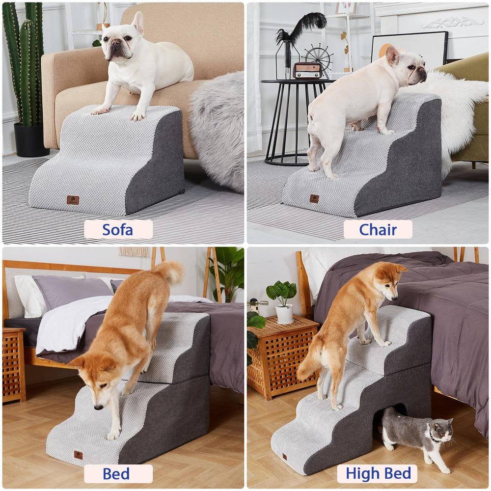 Pettycare dog stairs beside bed for convenient pet access