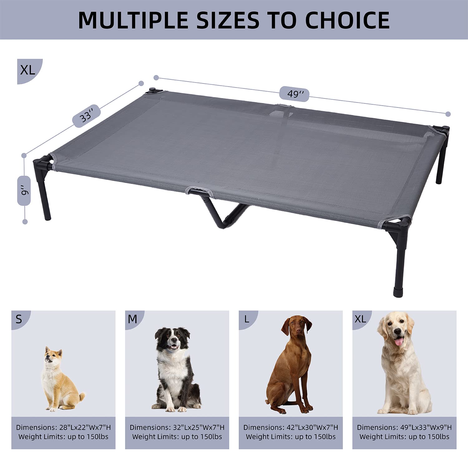 Pettycare elevated dog bed on outdoor patio showing airflow