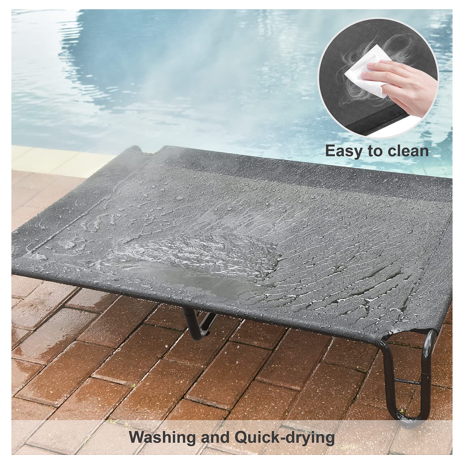 Pettycare elevated dog bed outdoor-use scene illustrates versatile indoor/outdoor use.