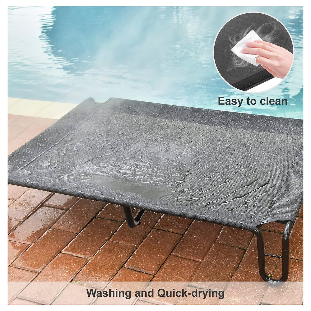 Pettycare elevated dog bed outdoor-use scene illustrates versatile indoor/outdoor use.
