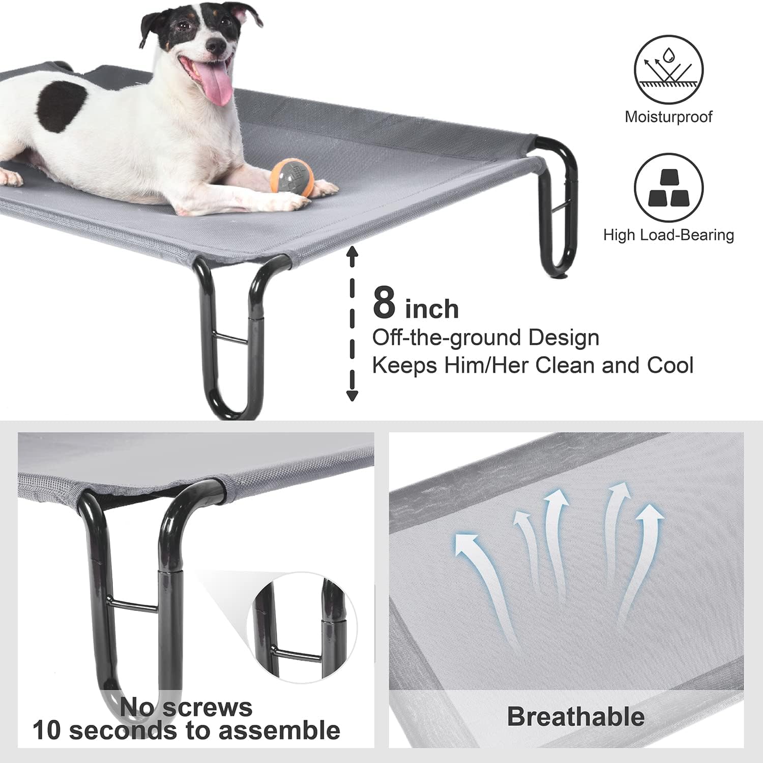 Pettycare elevated bed steel-frame close-up shows sturdy, non-slip construction