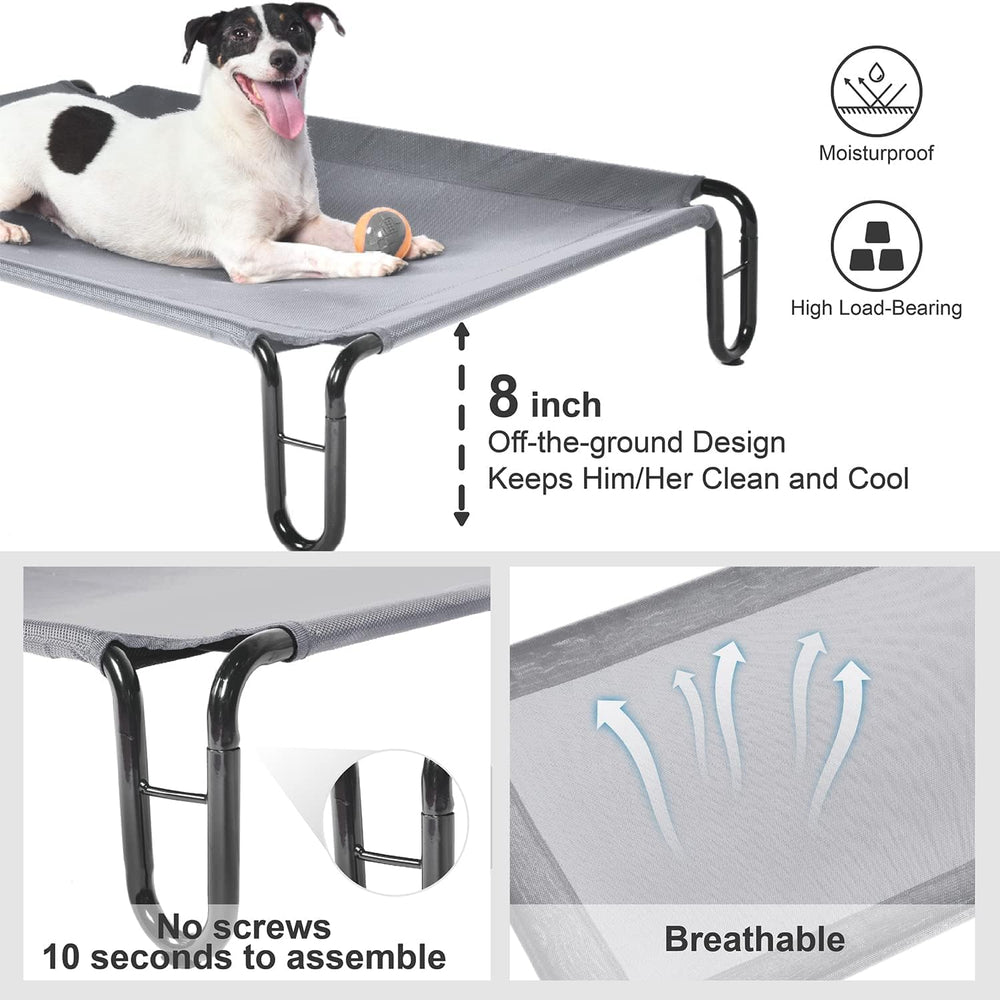 Pettycare elevated bed steel-frame close-up shows sturdy, non-slip construction