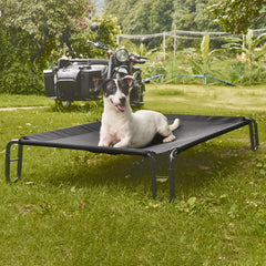 Pettycare elevated bed frame detail shows sturdy powder-coated steel for stability.
