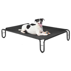 Pettycare outdoor elevated dog bed side view highlighting breathable Teslin mesh for cooling comfort.