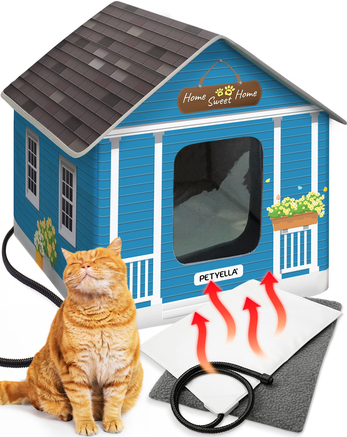 PETYELLA deluxe heated cat house exterior for winter shelter and warmth.