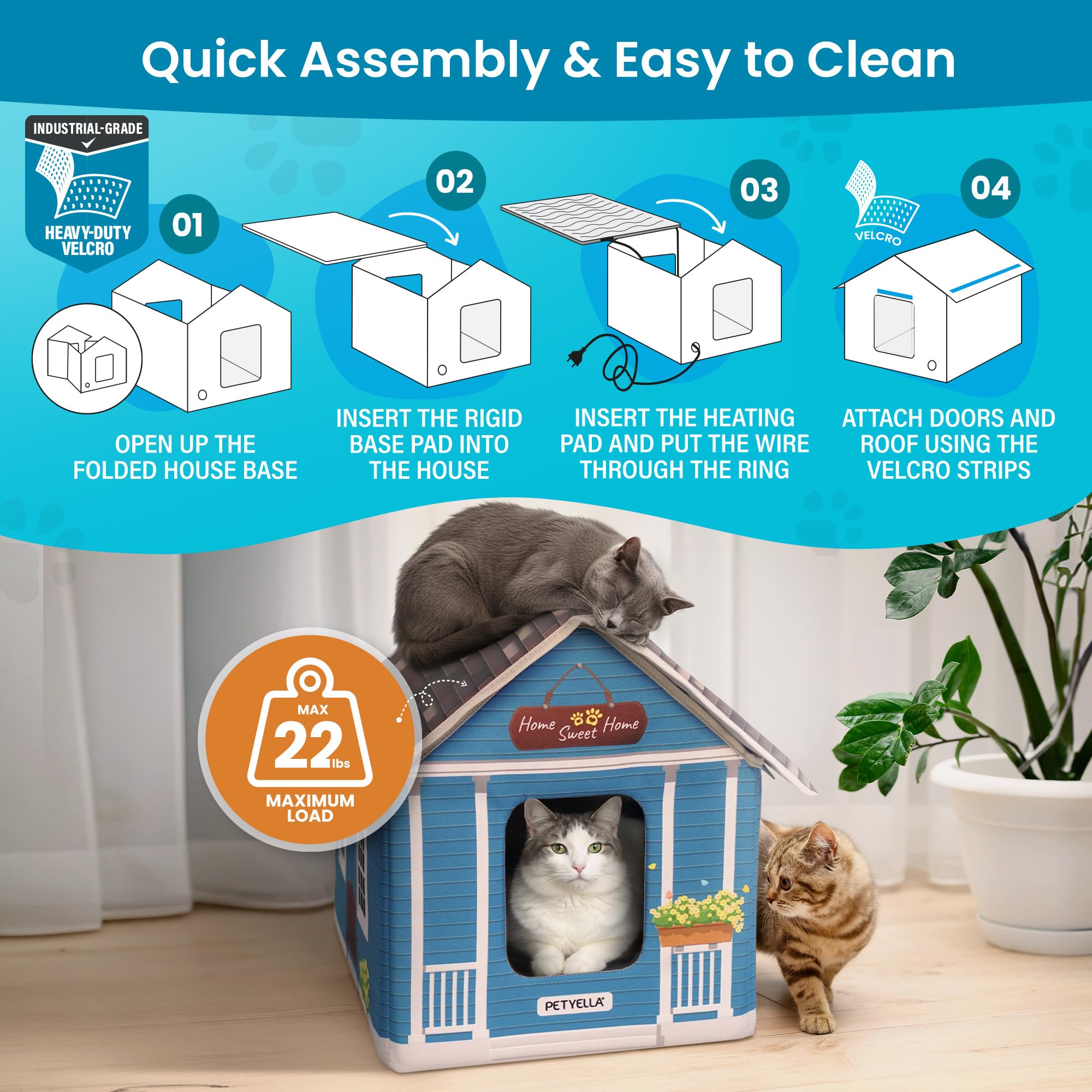 PETYELLA heated cat house insulated roof and walls for heat retention.