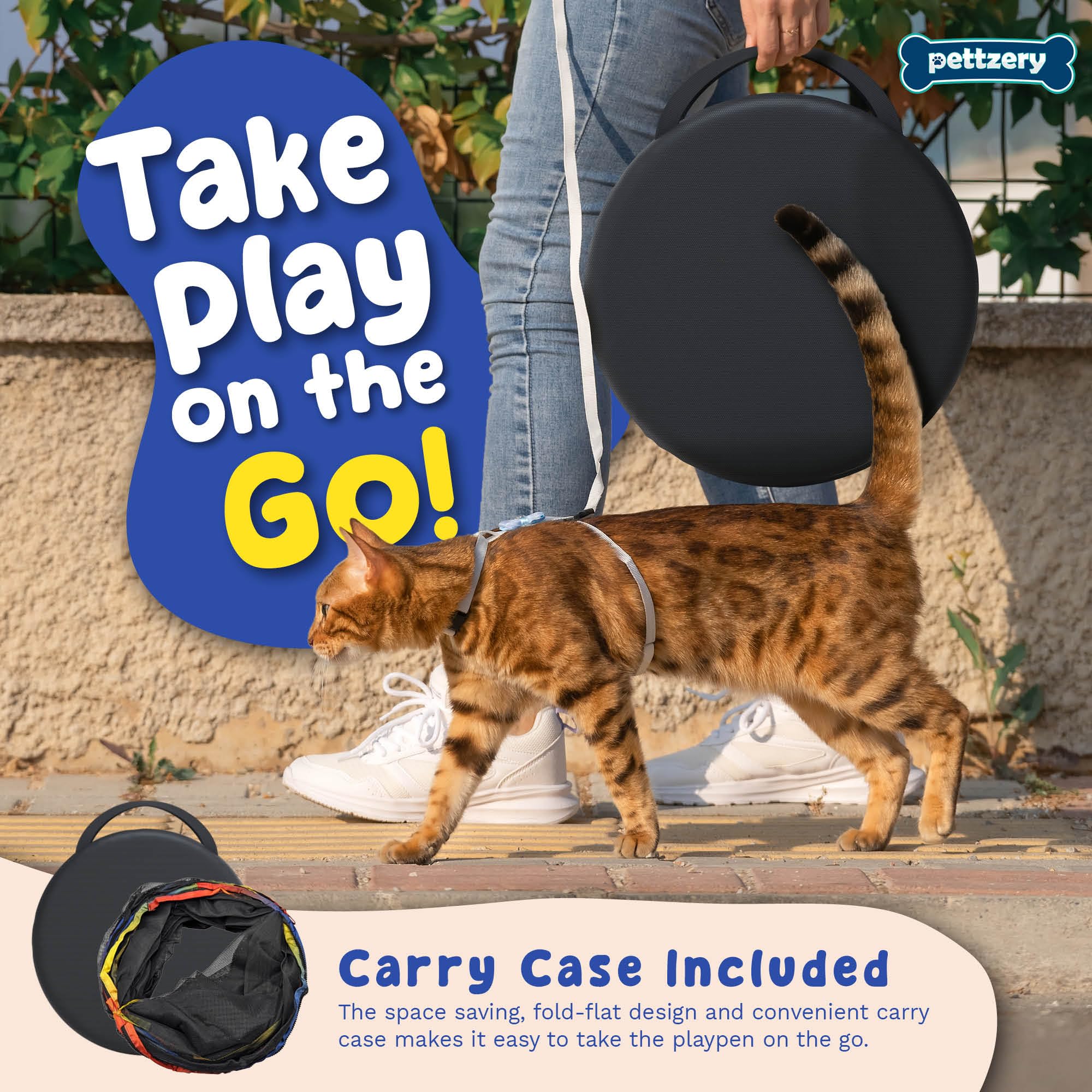 Pettzery foldable design folds compactly into a carry bag for travel.