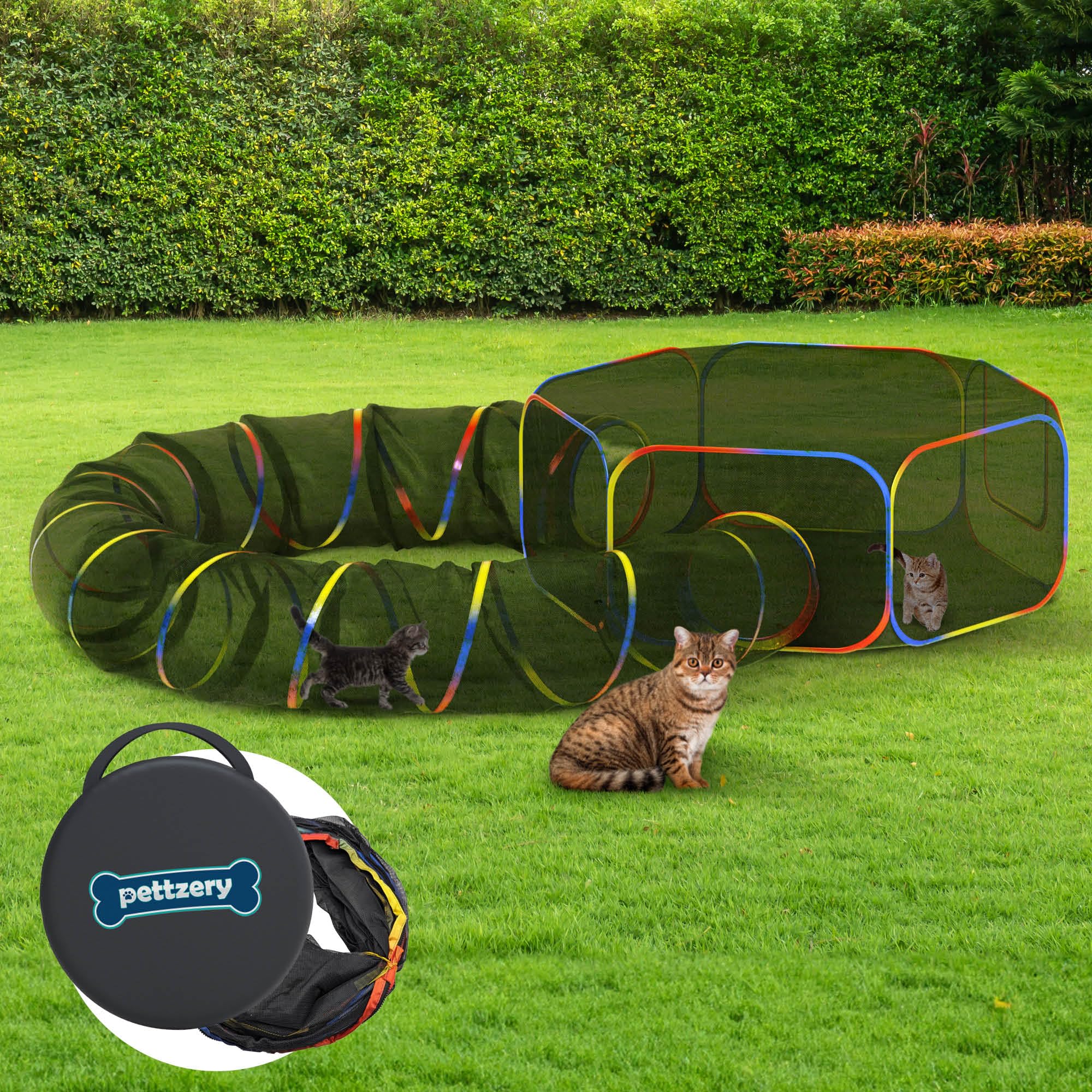 Pettzery outdoor cat enclosure front view shows a spacious sunny play area.