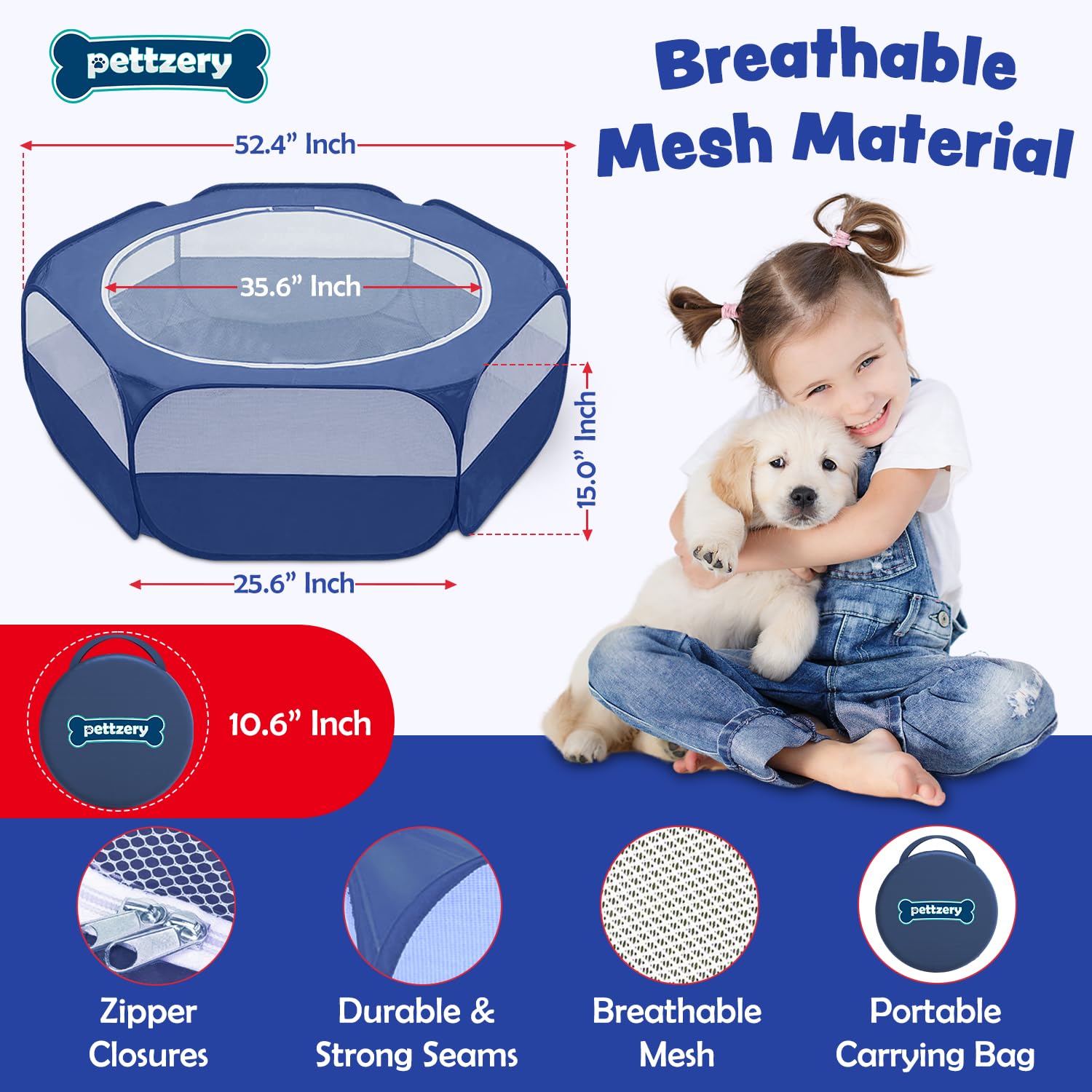 Pettzery playpen breathable-mesh promotes ventilation and visibility for pets.