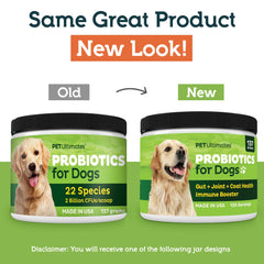 Pet Ultimates Probiotics for Dogs 22-species icon grid signaling comprehensive gut support.