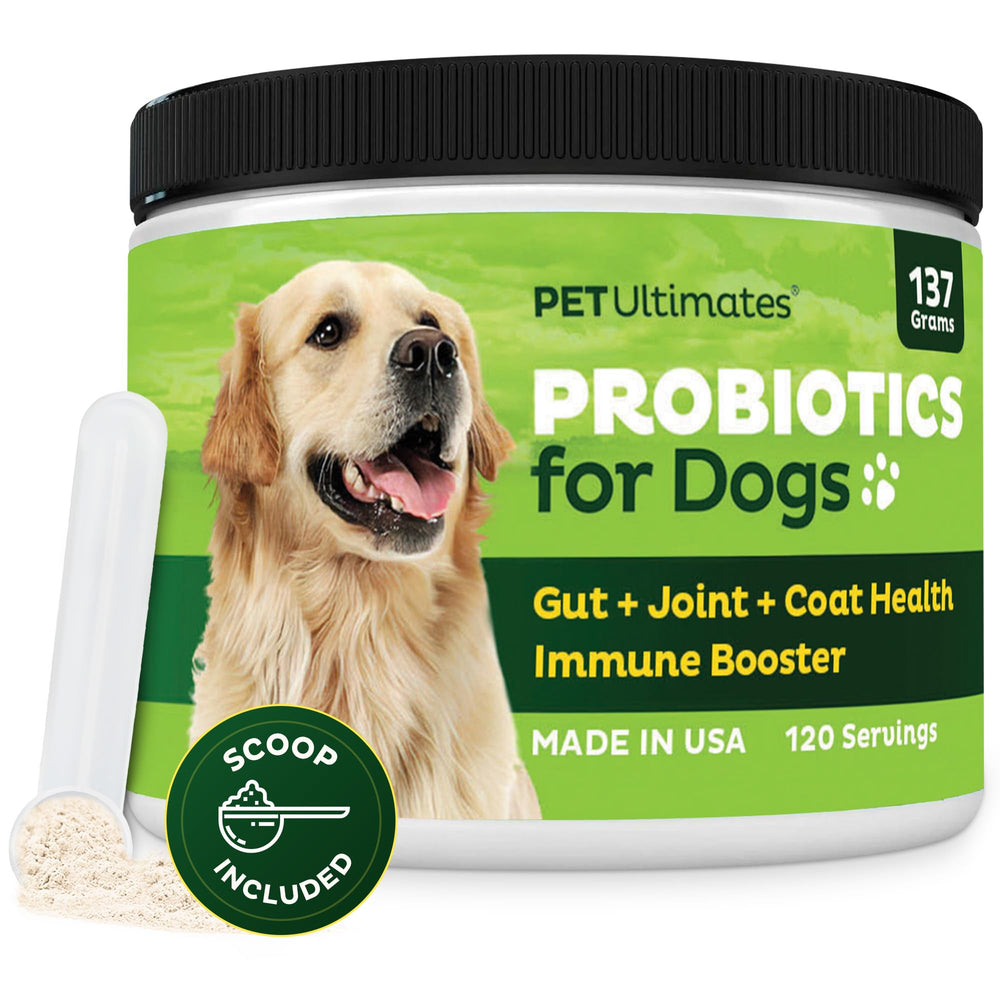 Pet Ultimates Probiotics for Dogs powder in a bowl, easy to mix into meals.
