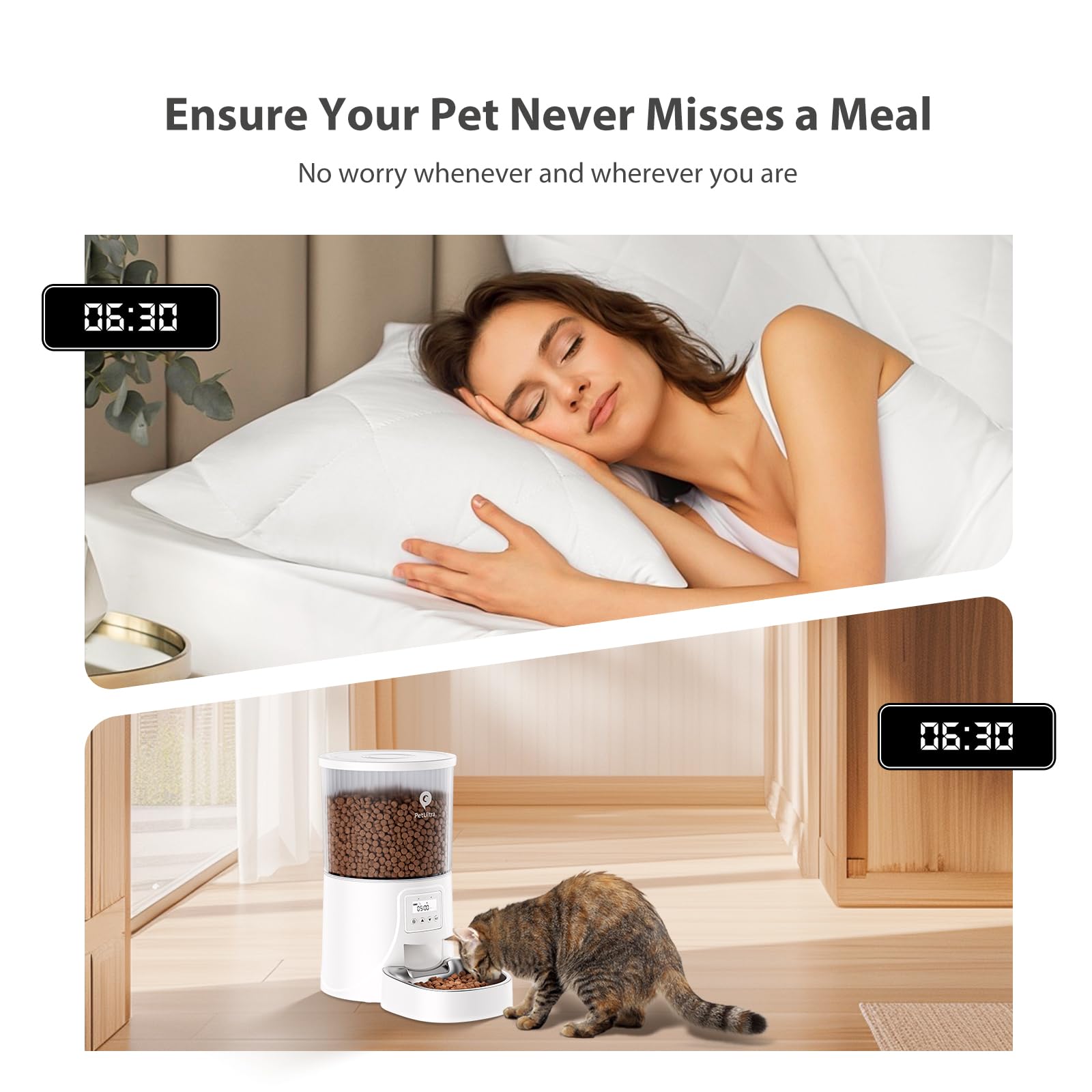 PETULTRA Auto Feeder timer display emphasizes precise scheduling for pet meals.