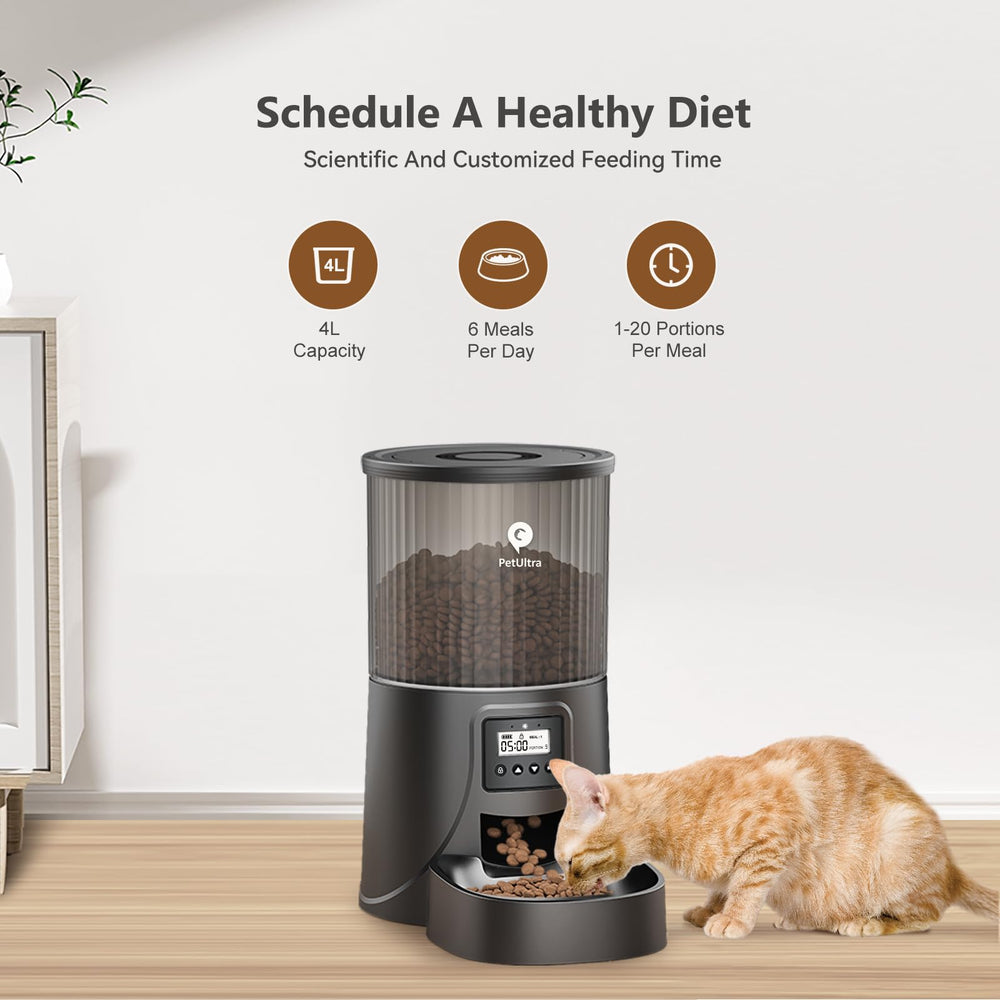 PETULTRA Automatic Cat Feeder desk setup shows compact footprint for home use.