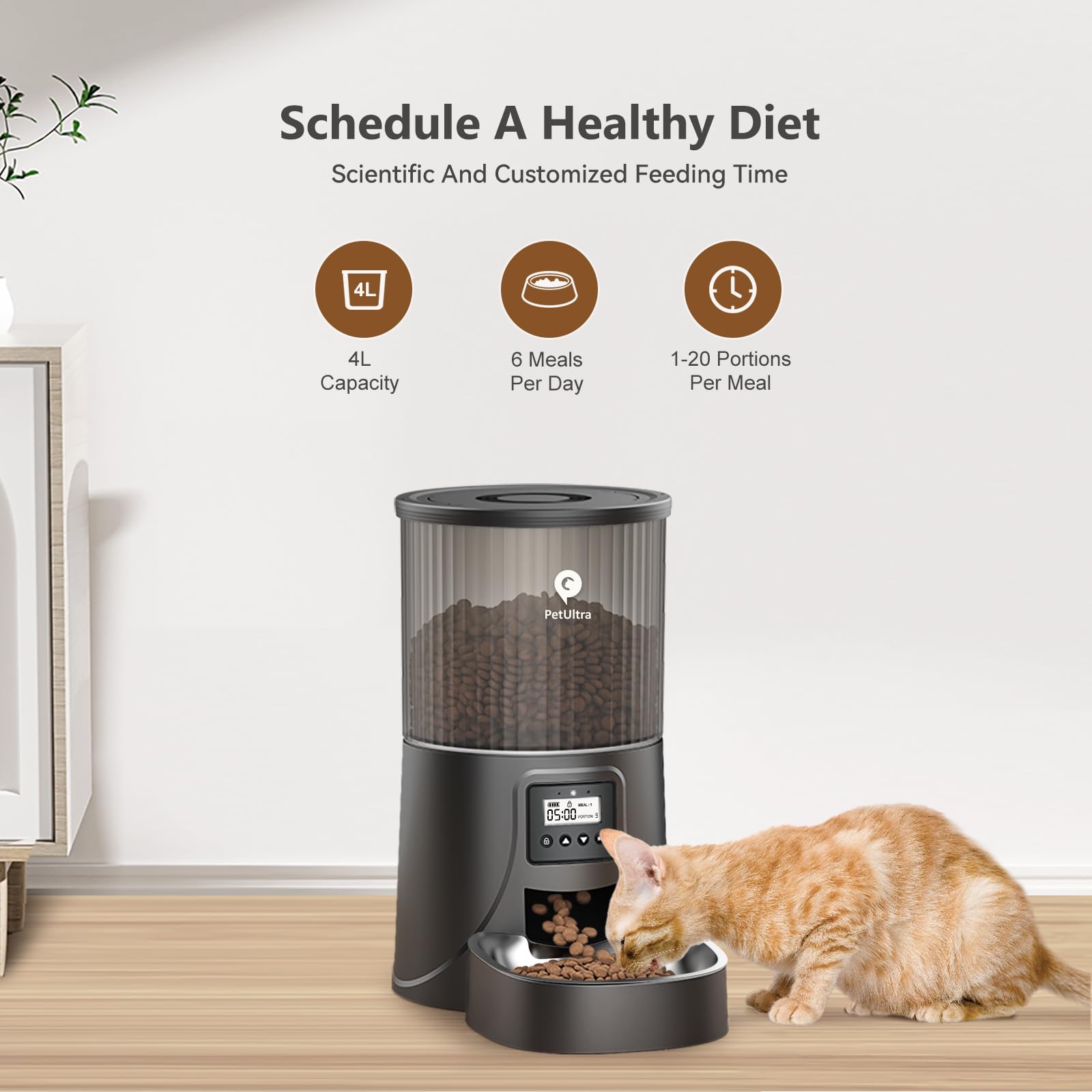 PETULTRA feeder with digital timer demonstrates precise meal scheduling.