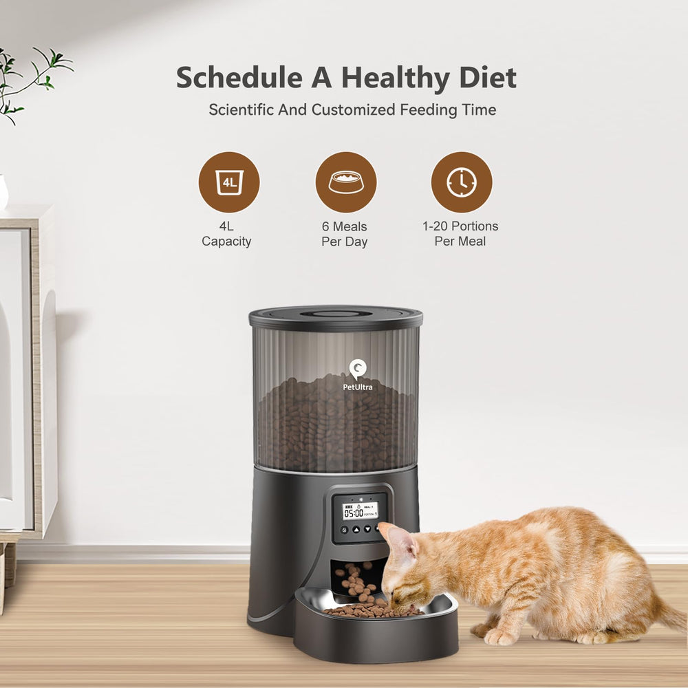 PETULTRA feeder with digital timer demonstrates precise meal scheduling.