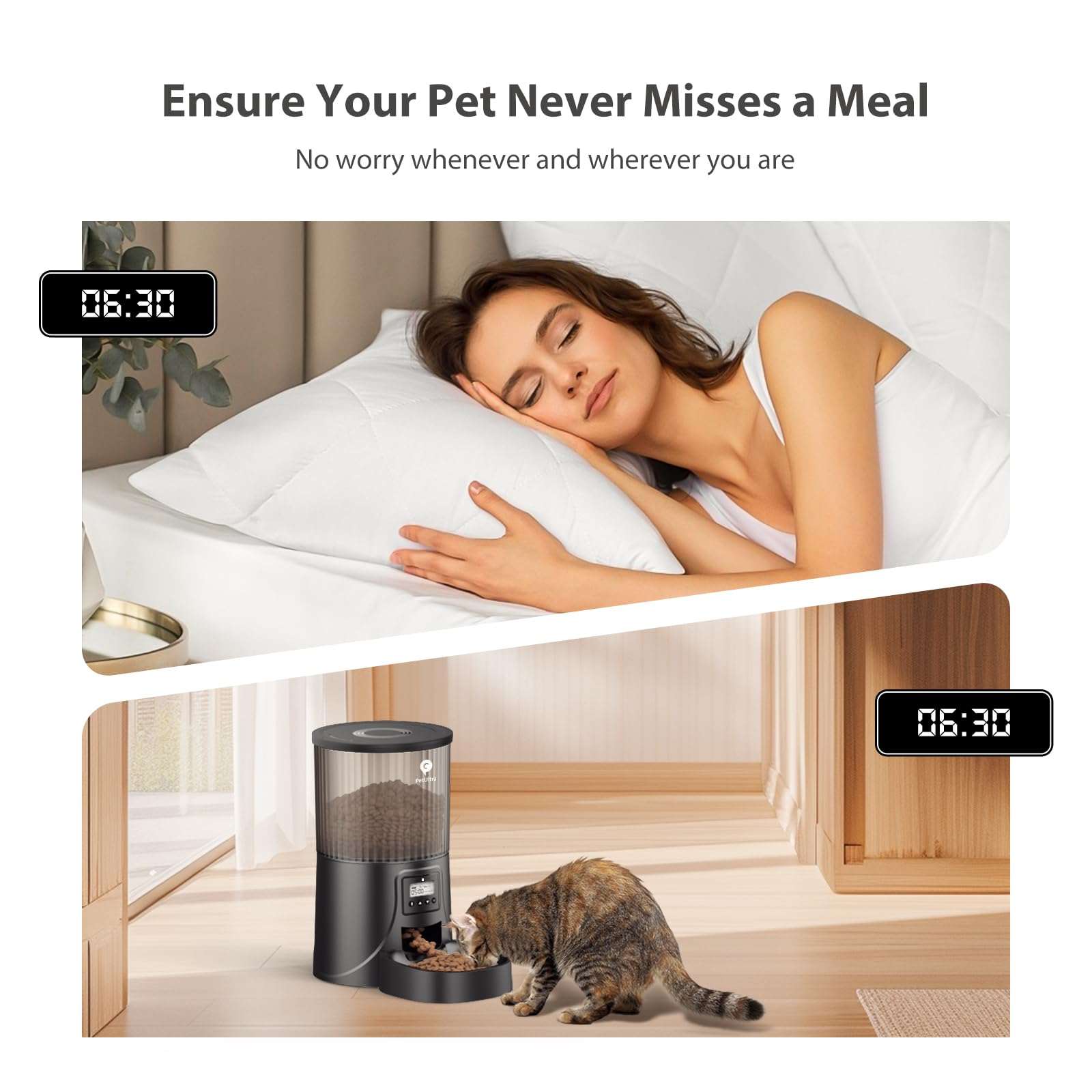 PETULTRA Automatic Cat Feeder timer display illustrates precise portioning and scheduling.