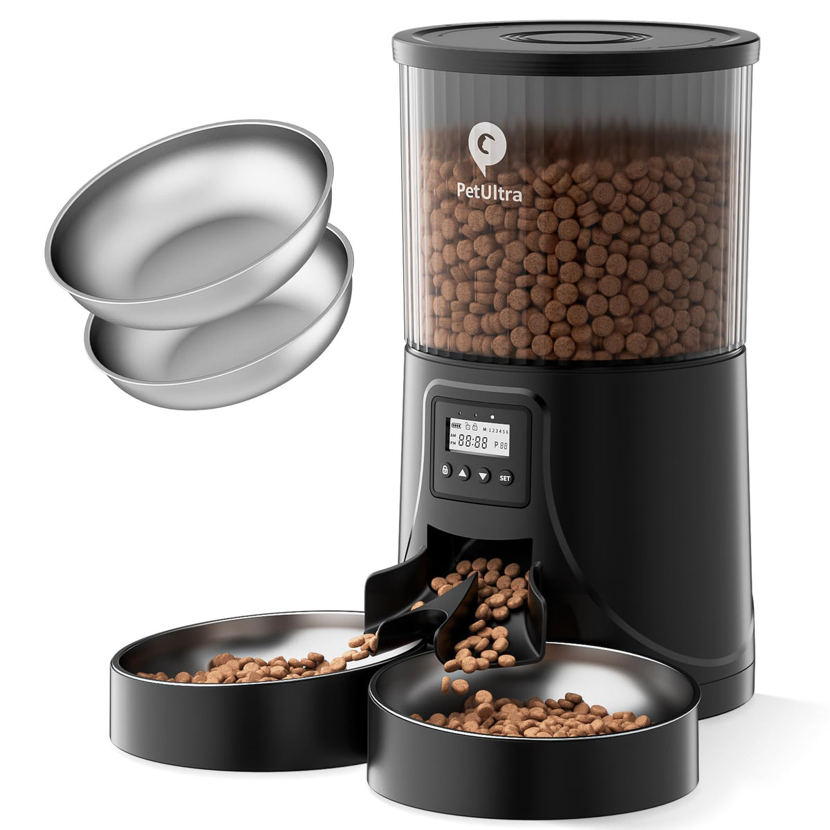 PETULTRA automatic cat feeder top view showing organized dual-cat meals