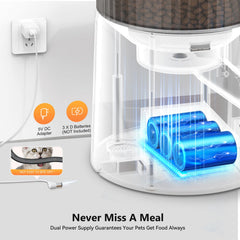 PETULTRA dual power setup with adapter and battery ensures uninterrupted feeding