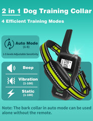 PETURE Bark Collar showing beep, vibration, and static modes for humane guidance.