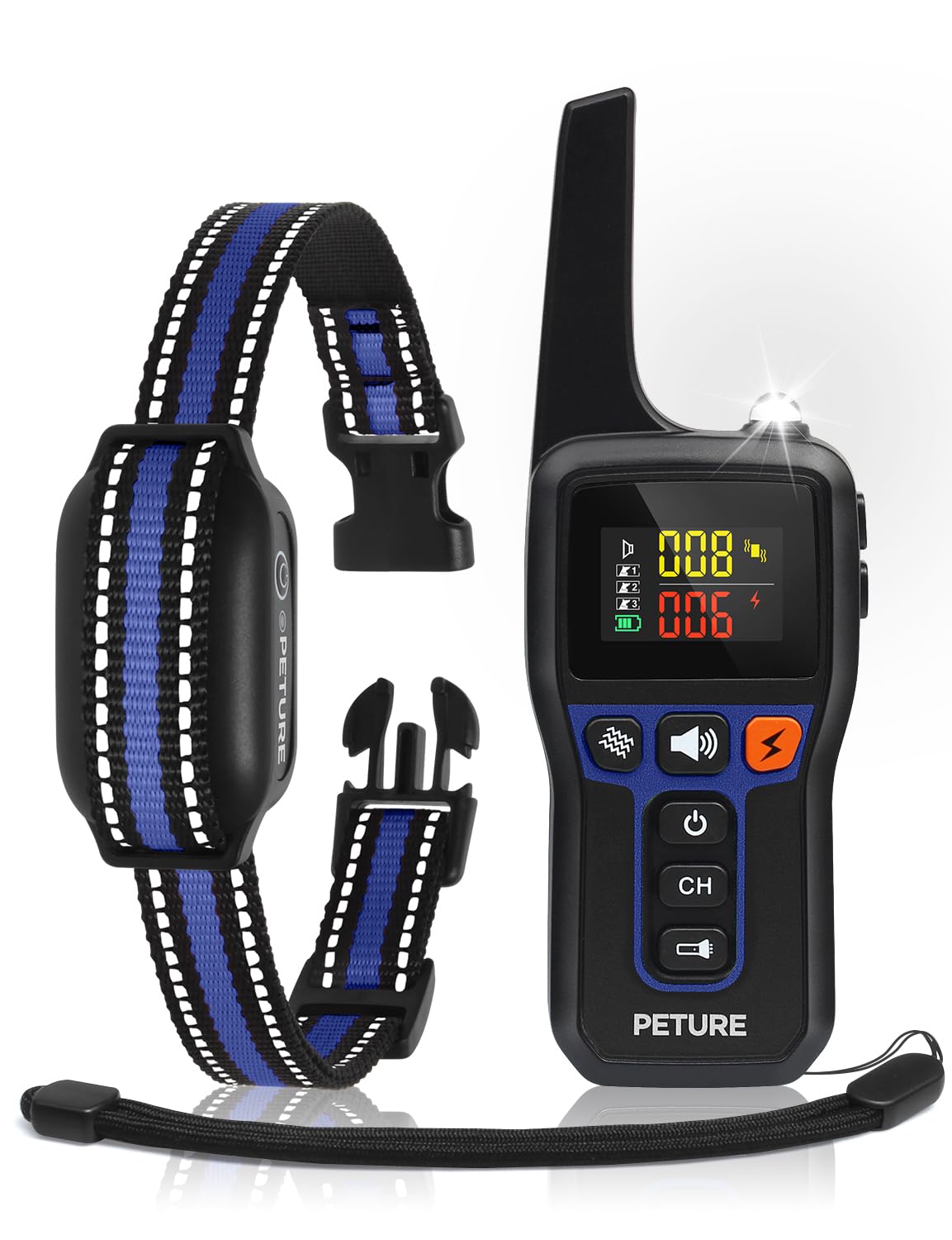 PETURE bark collar remote front view for easy outdoor training