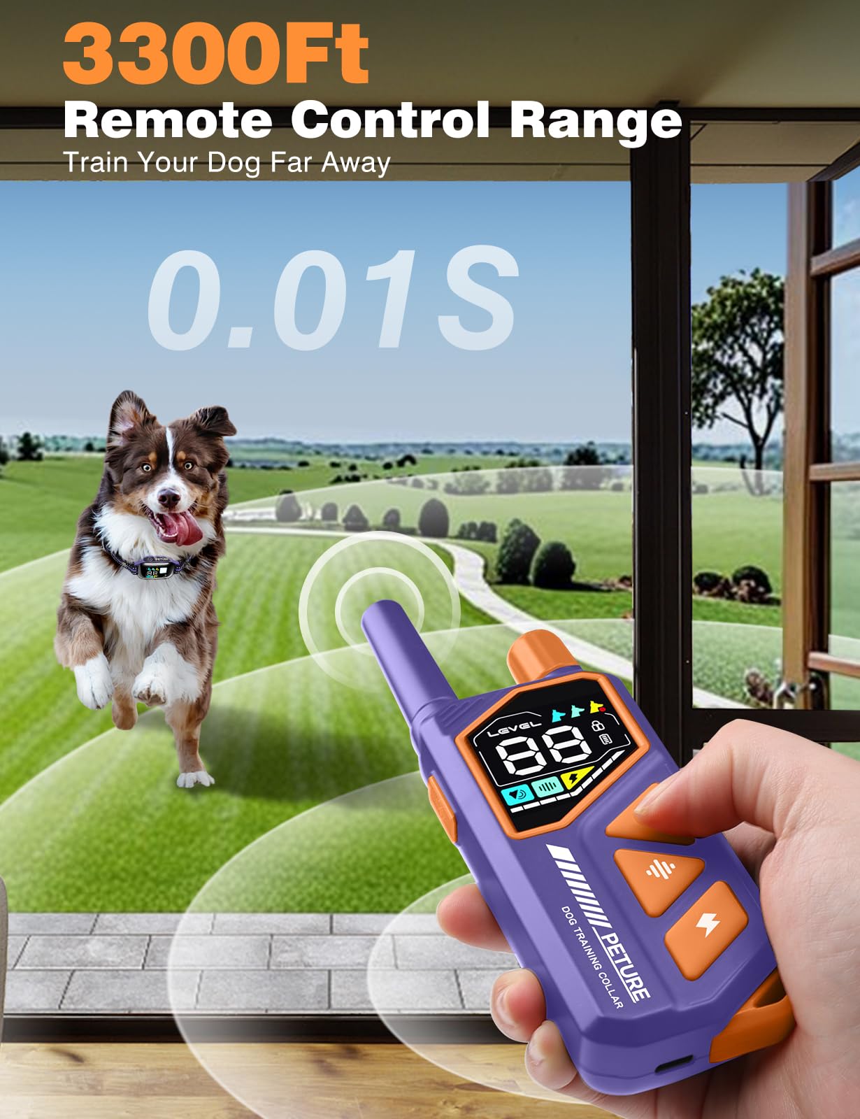 PETURE collar with remote range up to 3300ft for outdoor training sessions.