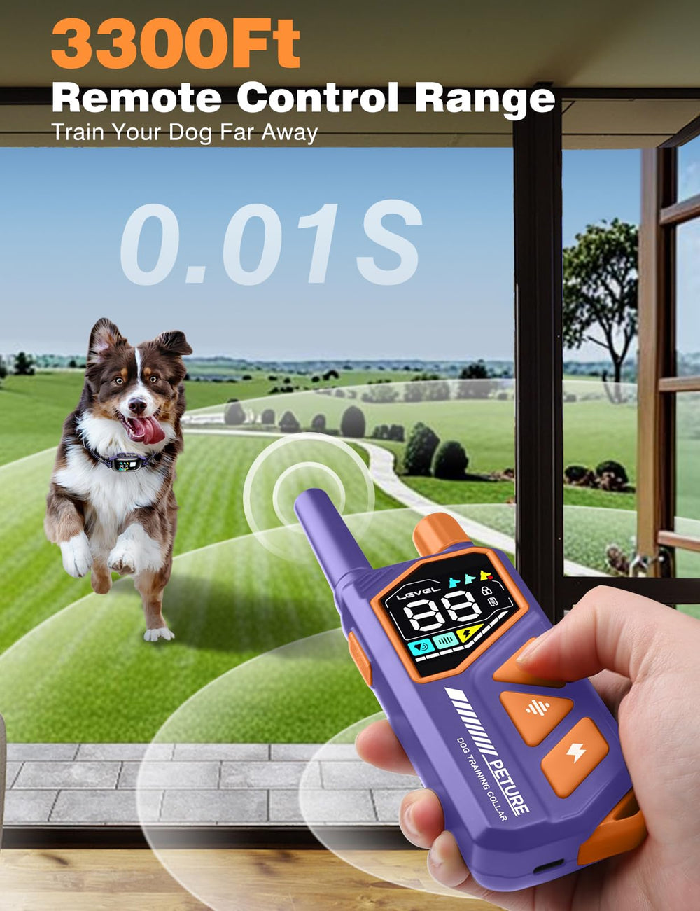 PETURE collar with remote range up to 3300ft for outdoor training sessions.