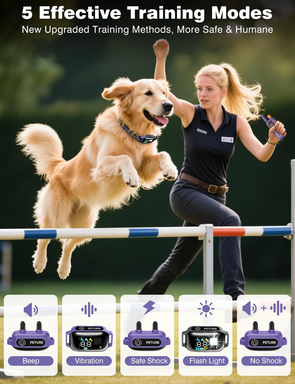 PETURE dog training collar showing 5-in-1 modes for versatile behavior shaping.