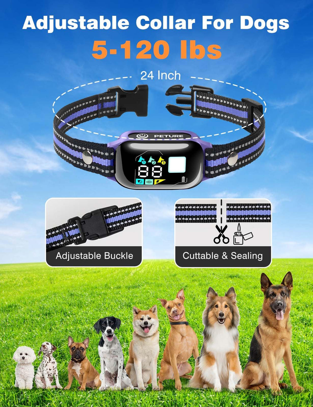 PETURE multi-mode training collar list showing beep, vibration, static, No Static, flashlight.