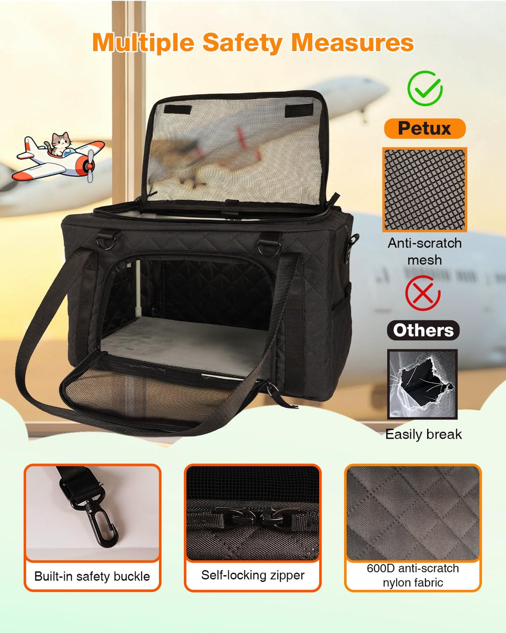 Petux padded base with soft lining comforts small cats on longer journeys.
