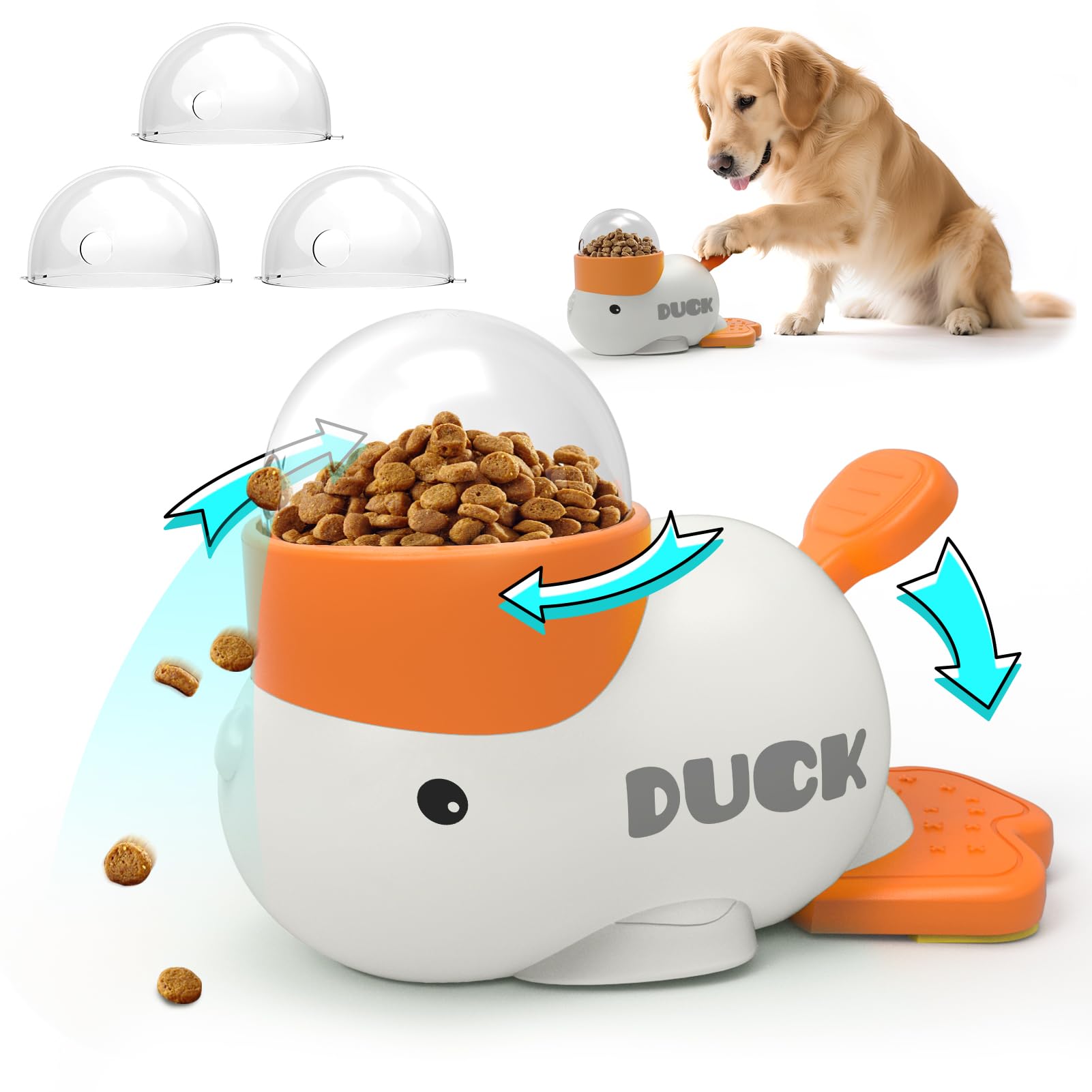 PETVENTURE duck-shaped interactive treat dispenser promotes slow eating.