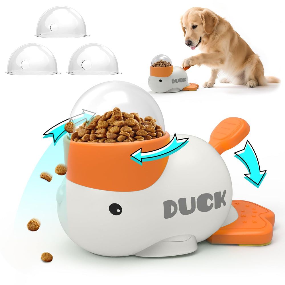 PETVENTURE duck-shaped interactive treat dispenser promotes slow eating.