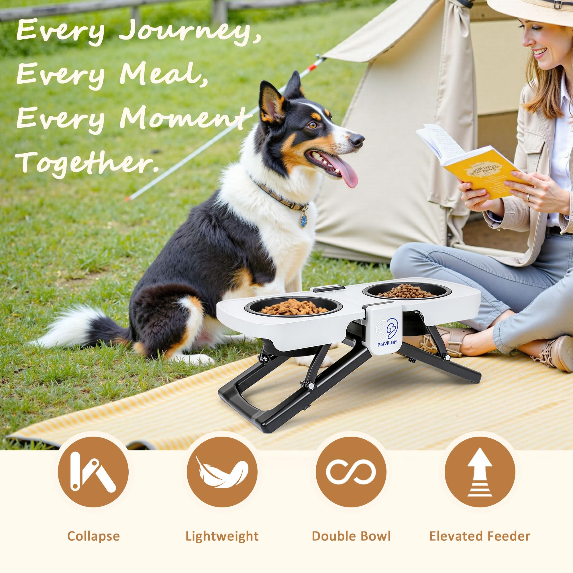 Petvillage non-slip base provides stable meals on any surface during outdoor trips.