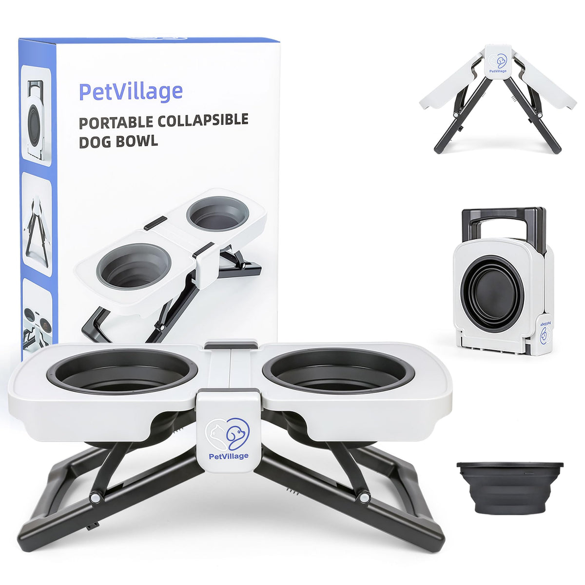 Petvillage portable-foldable elevated dog bowls stand shows compact travel-ready folded design.