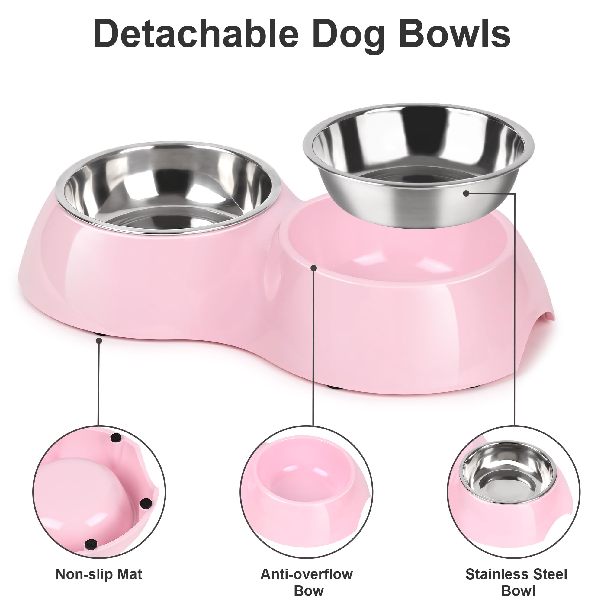 Petvillage removable stainless steel bowls ease washing and refilling.