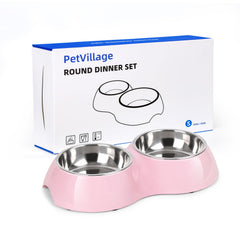 Petvillage stainless steel dual bowls on pink stand for kittens and two pets.