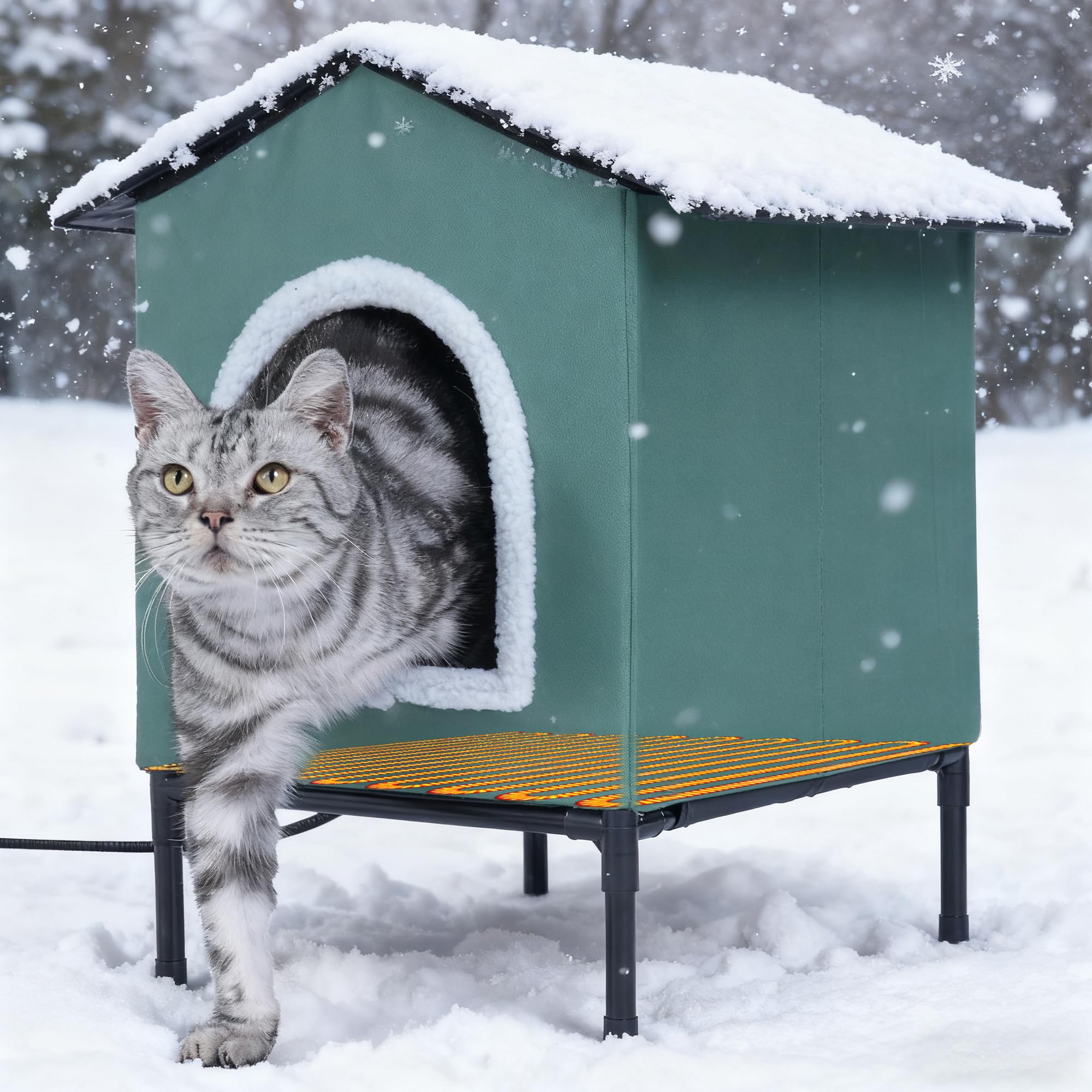 Petvolve heated cat house outdoor-green provides a dry, warm shelter for outdoor cats.