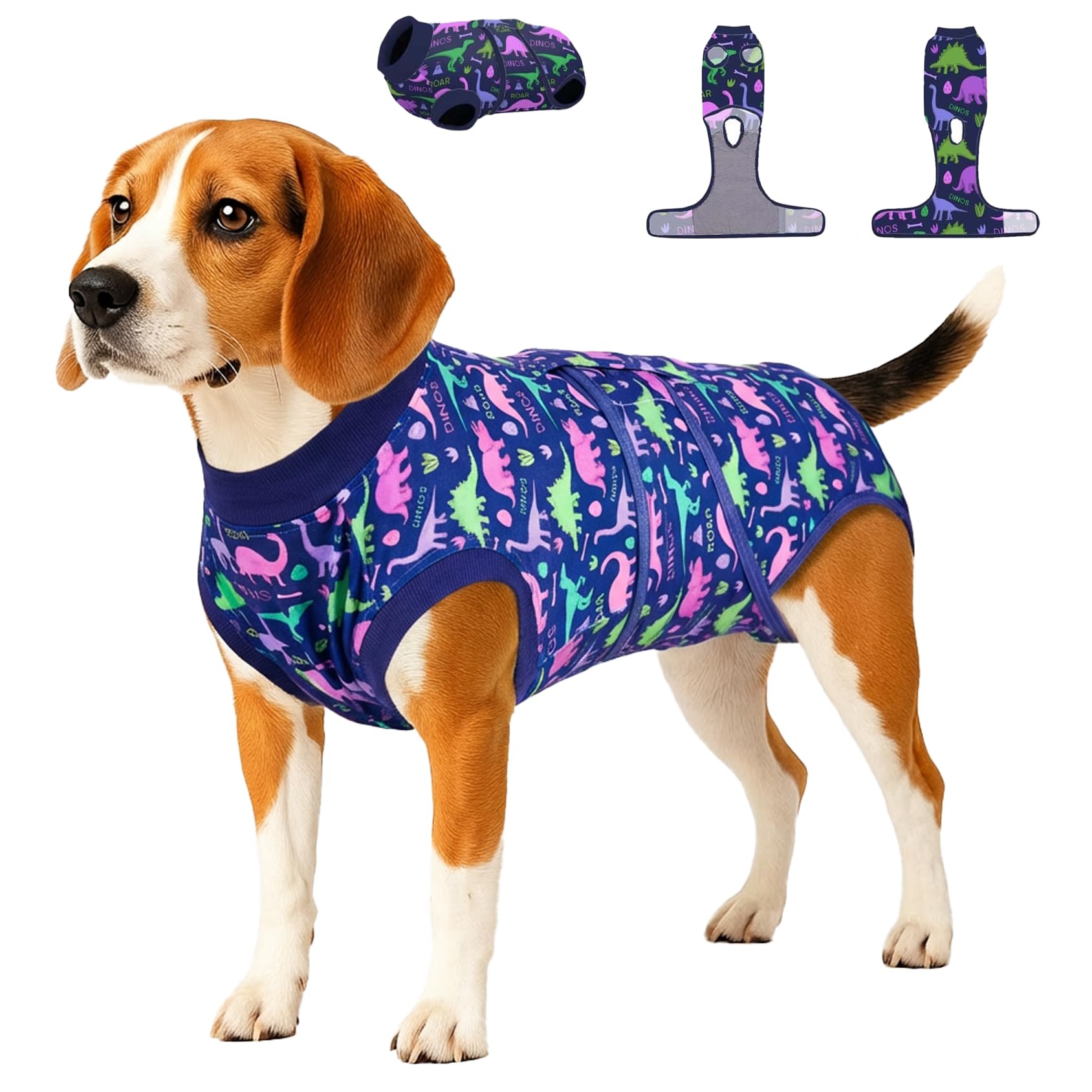PetWarm dinosaur-pattern dog surgery suit front view with breathable fabric for comfort