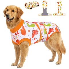 PetWarm dinosaur pattern yellow XL recovery suit front view for comfortable post surgery wear