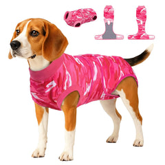 PetWarm dog onesie camouflage pink front view protects wounds while keeping pets comfy.
