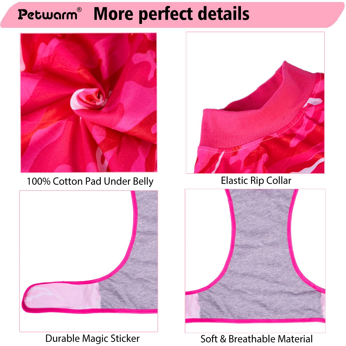 PetWarm recovery onesie fabric closeup shows soft cotton-poly blend for comfort.
