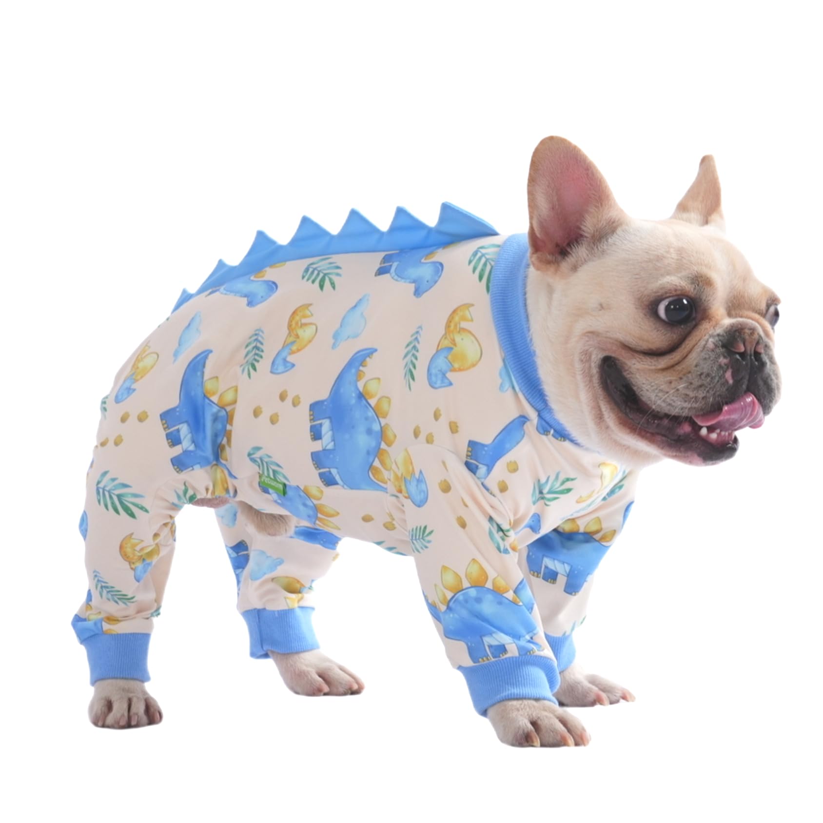 PetWarm dog pajamas, dinosaur print front view, comfortable daily wear for indoors and outdoor outings