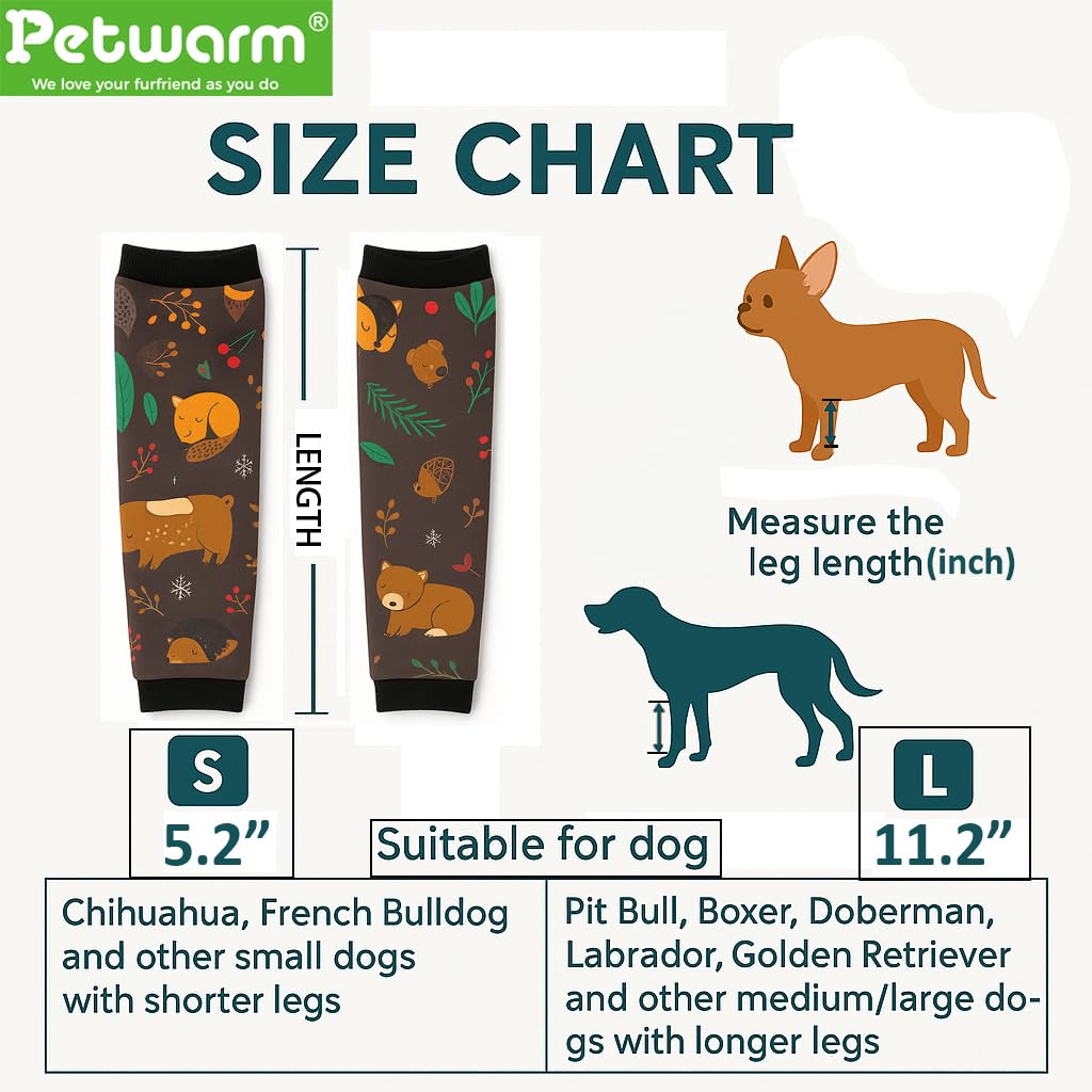 Petwarm dog recovery leg sleeves Fox Forest print worn on dog leg during recovery.