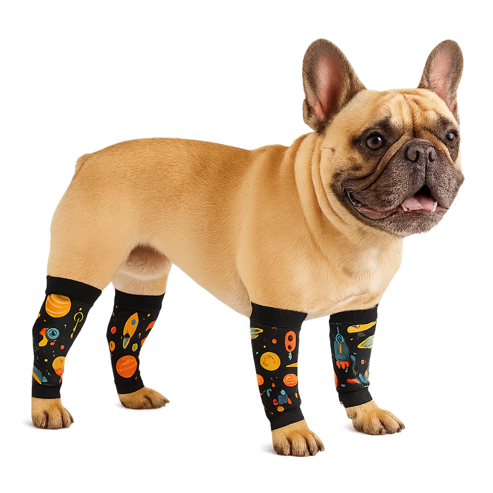 PetWarm Rocket print leg sleeve worn on a dog leg for protective comfort.