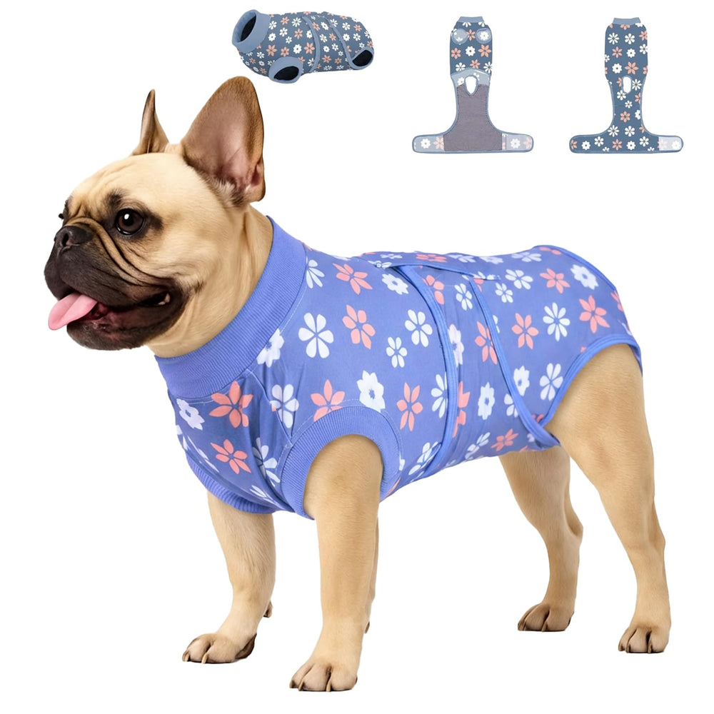 PetWarm dog recovery suit blue flower front view, gentle protection for wounds