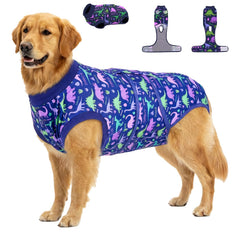 PetWarm dog recovery suit with dinosaur pattern, blue purple, front view showing post-surgery protection