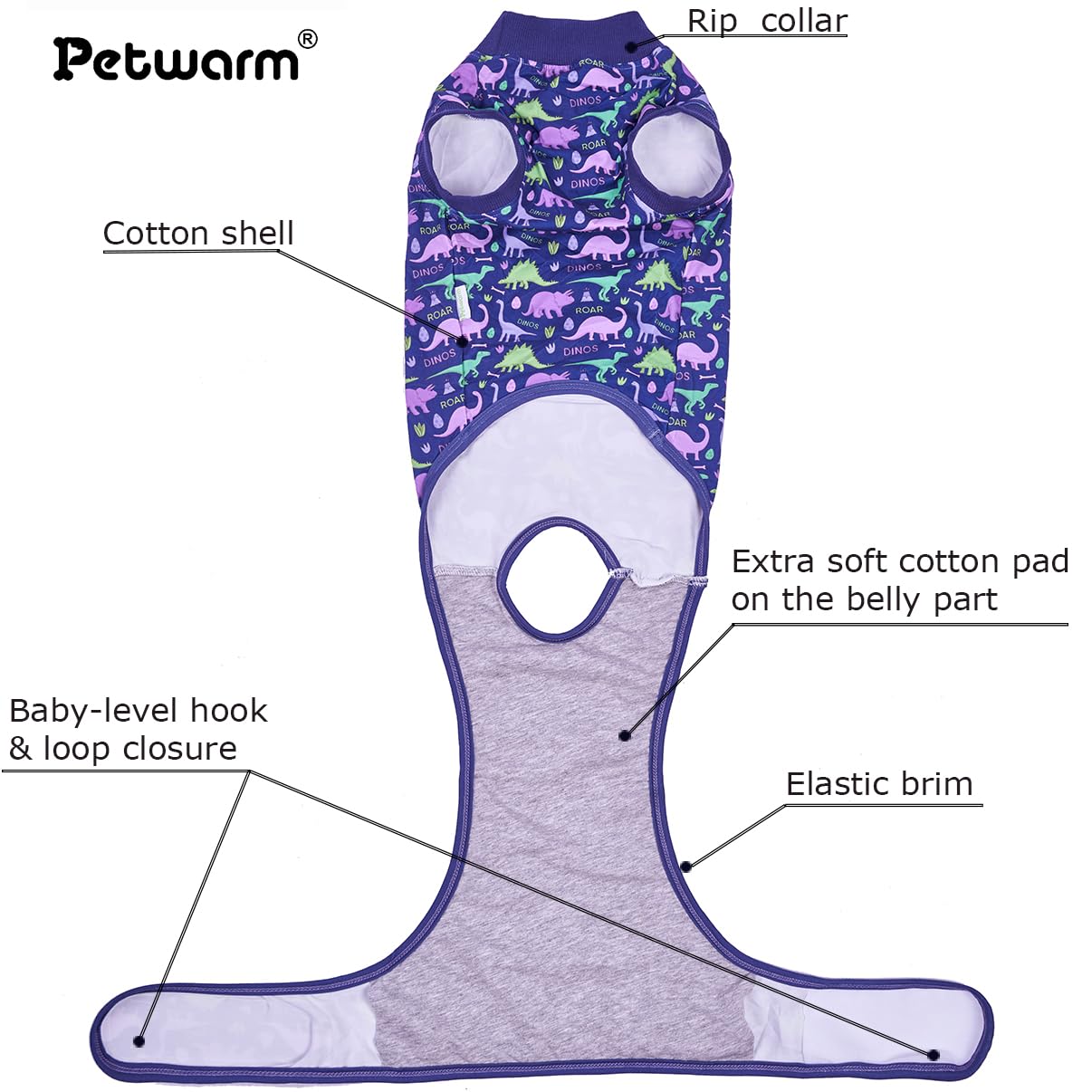 PetWarm dog recovery suit, dinosaur pattern, side view demonstrates full-body coverage