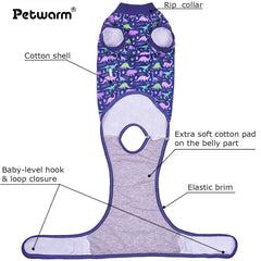 PetWarm dog recovery suit, dinosaur pattern, side view demonstrates full-body coverage